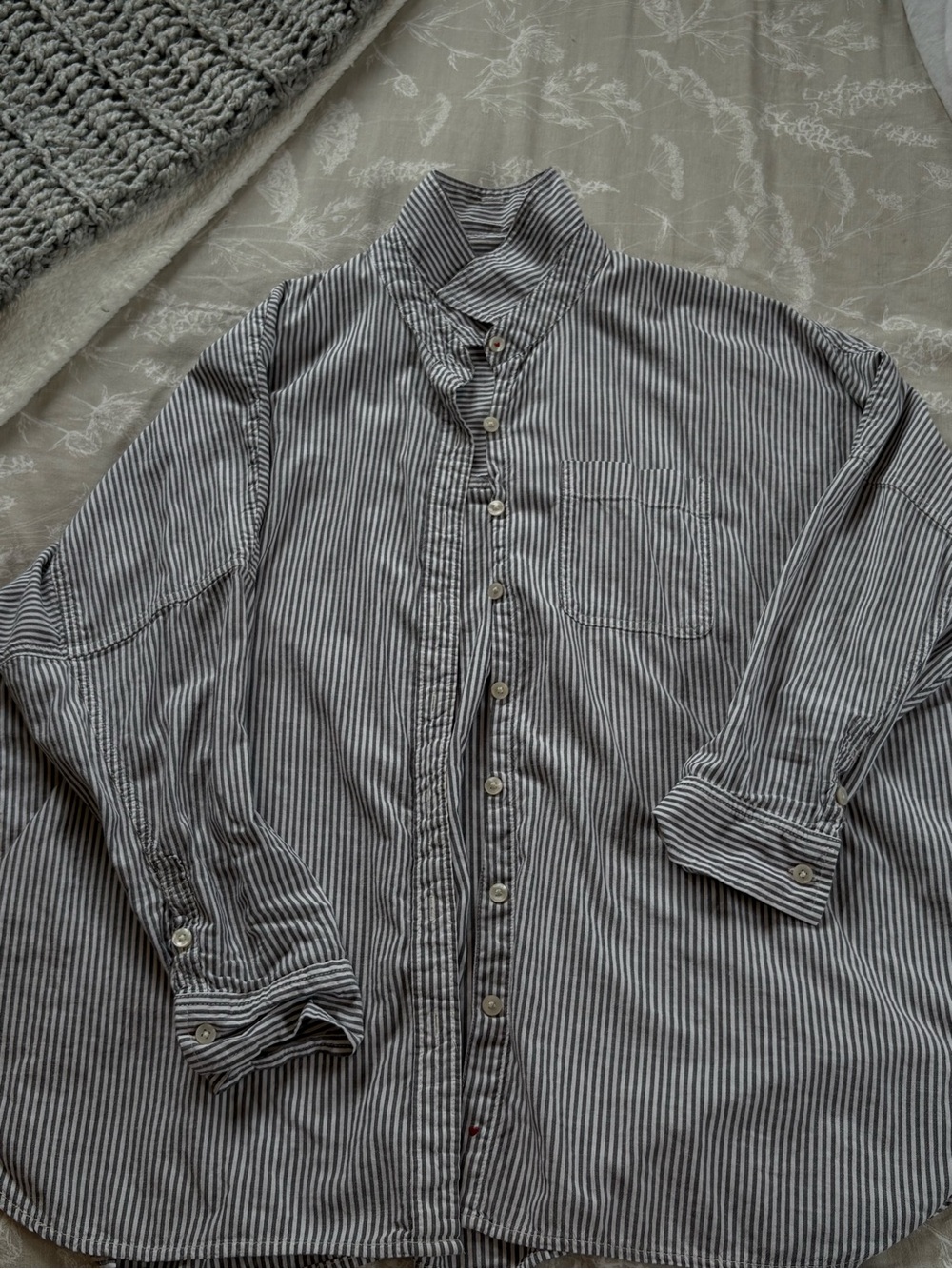 American Eagle Women’s Oversized Navy and White Striped Button-Down Shirt